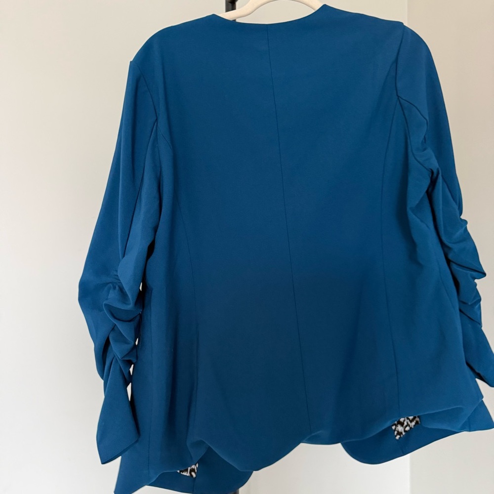 Skies Are Blue Teal Open Front Blazer Ruched Sleeve Large Anthro Style - Picture 5 of 7